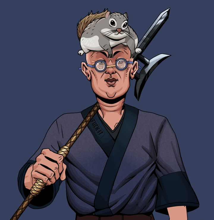 Fat Bob — Degen Dojo NFT art (Shirtless Runt, Blue Evening, Degens, Fuck You Kimono, Fat Bob, Spectacles, Mr. Momonga Hat, Bishamon Yari, Mint)