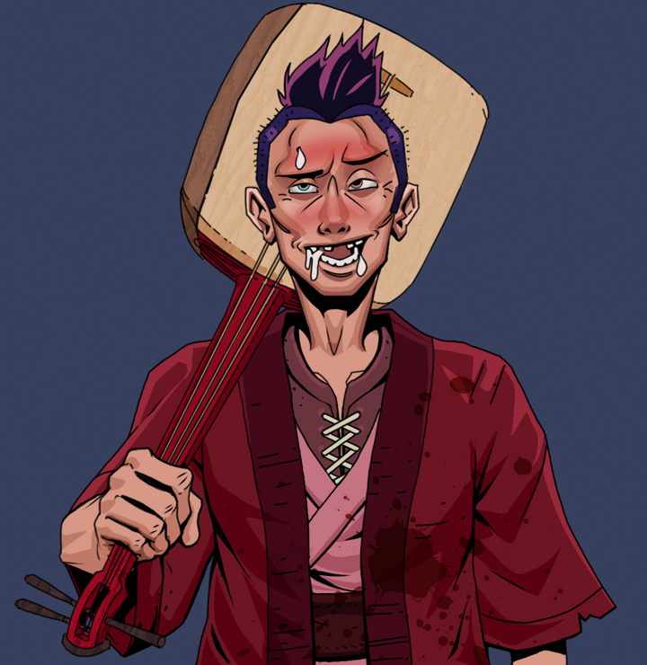 Yuuki — Degen Dojo NFT art (Shirtless Runt, Blue Evening, Degens, Red Warrior Kimono, Yuuki, Yakuza Hooligan, Shamisen, Mint)