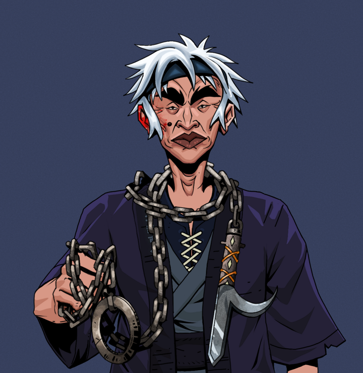 Young Yuji — Degen Dojo NFT art (Shirtless Runt, Blue Evening, Degens, Daimyo Warrior Kimono, Young Yuji, White Ruffian, Heavy Kyoketsu, Mint)
