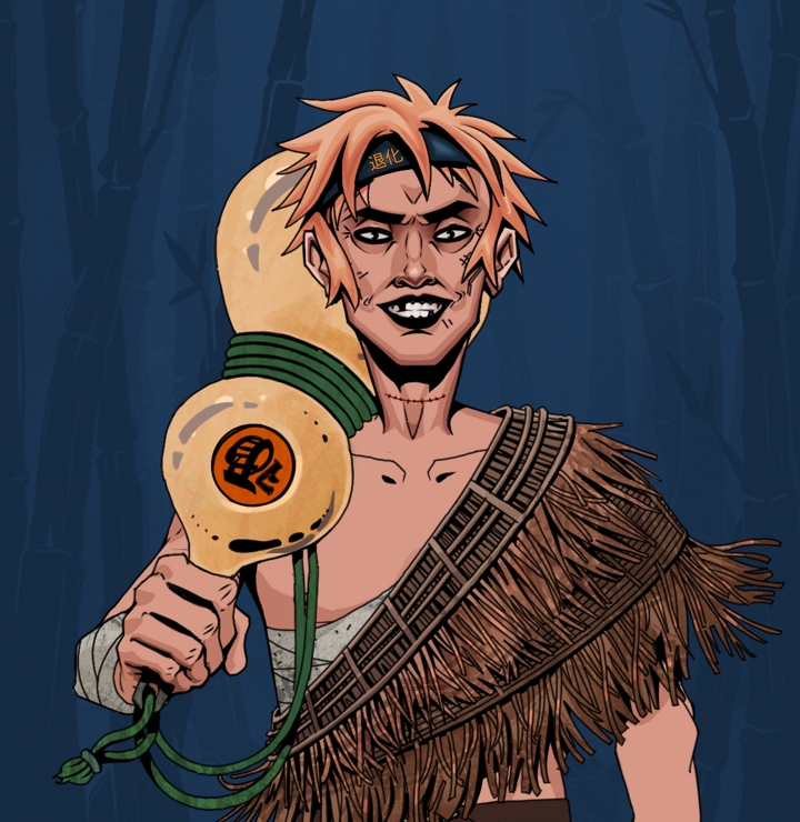 Junichiro Reborn — Degen Dojo NFT art (Shirtless Runt, Night Forest, Degens, Dried Straw, Junichiro Reborn, Tiger Headband Ruffian, Giant Sake Bottle, Mint)