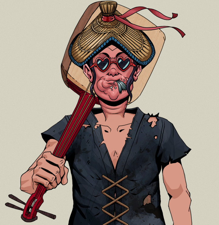 Fatty Bobsticks — Degen Dojo NFT art (Shirtless Runt, Warm Grey, Degens, Black Peasant Sack, Fatty Bobsticks, Loveheart Shades, High Straw Rice Hat, Shamisen, Mint)