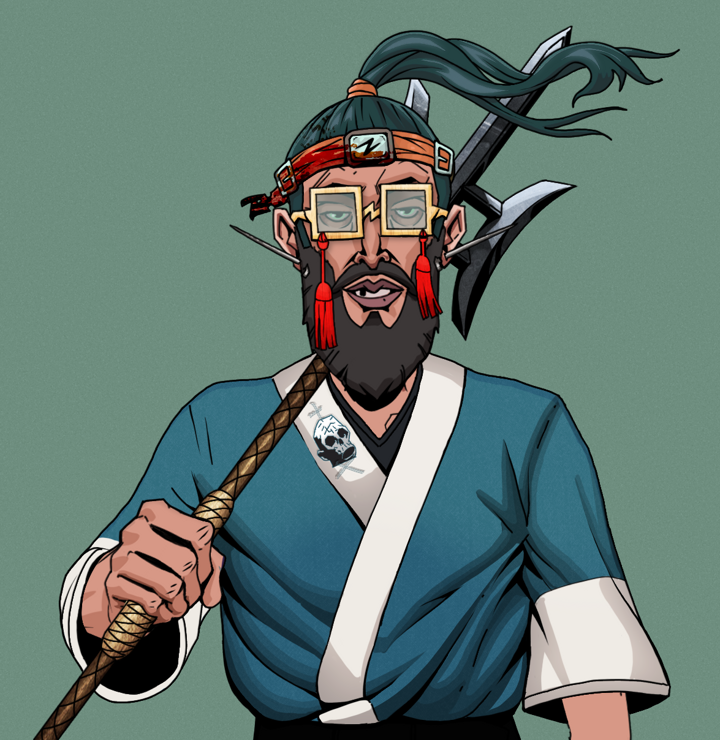 Serious Oleg — Degen Dojo NFT art (Nails, Olive Green, Degens, Skull Kimono, Serious Oleg, Shoji Tassel Glasses, Green Bandana, Bishamon Yari, Mint)
