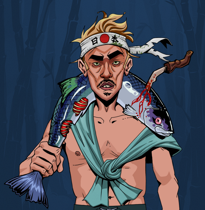 Gloomy Masumi — Degen Dojo NFT art (Shirtless Runt, Night Forest, Degens, Queeny Chic, Gloomy Masumi, Karate Headband, Dead Fish, Mint)