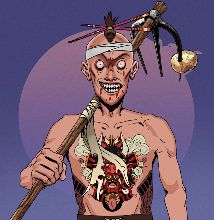 Assassin Fuzen — Degen Dojo NFT art (Shirtless Runt, Purple Night, Degens, Red Oni Tattoo, Assassin Fuzen, Hair Bun With Chopsticks, Farmers Hoe, Mint)