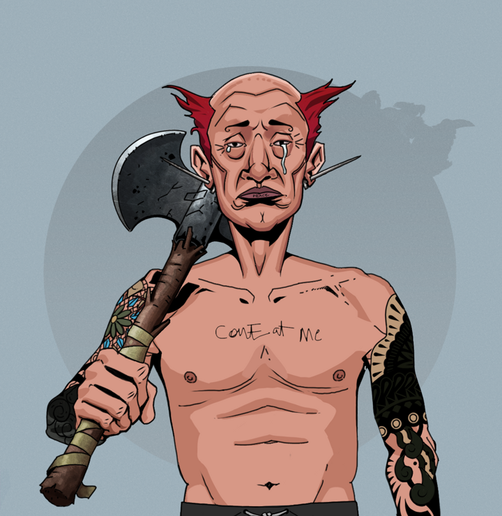 Teary Goro — Degen Dojo NFT art (Nails, Grey Mist, Degens, Black Yakuza Sleeves, Teary Goro, Shirtless Runt, Red Heihachi, Axe, Mint)