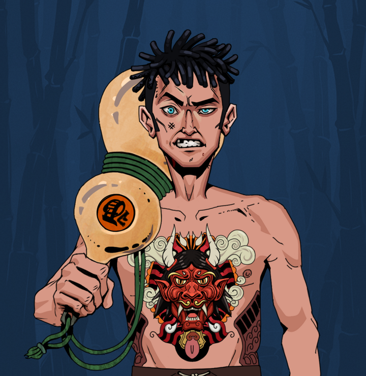 Akuma — Degen Dojo NFT art (Shirtless Runt, Night Forest, Degens, Red Oni Tattoo, Akuma, Black Bantu Knots, Giant Sake Bottle, Mint)