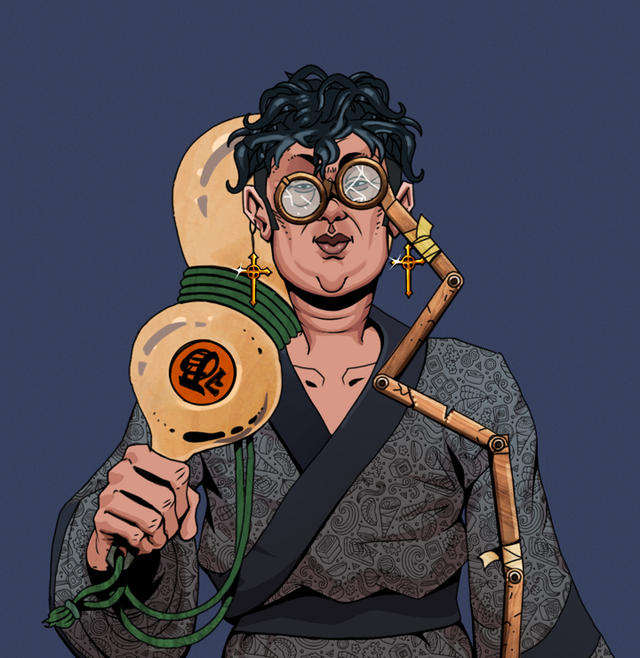 Fat Bob — Degen Dojo NFT art (Golden Jesuit Crosses, Blue Evening, Degens, Sushi Love Loose Kimono, Fat Bob, Telescopic Glasses, Messy, Giant Sake Bottle, Mint)