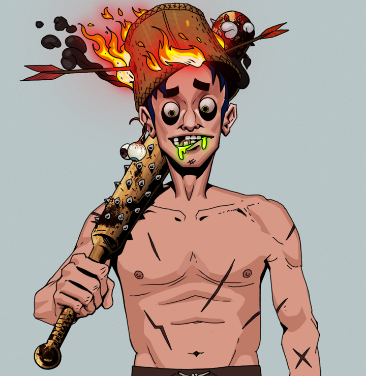 Toxic Azuma — Degen Dojo NFT art (Shaman Eyes, Light Grey, Degens, Battle Scars, Toxic Azuma, Shirtless Runt, Burning Basket, Yakuza Club, Mint)