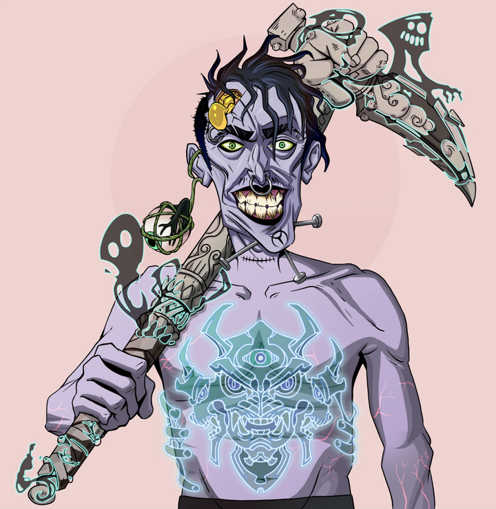 Junichiro Reborn — Degen Dojo NFT art (Shaman Eyes, Red High Moon, Demons, Blue Oni Tattoo, Junichiro Reborn, Shirtless Runt, Short Spiky Dark, Bronze Fisted Sickle, Mint)