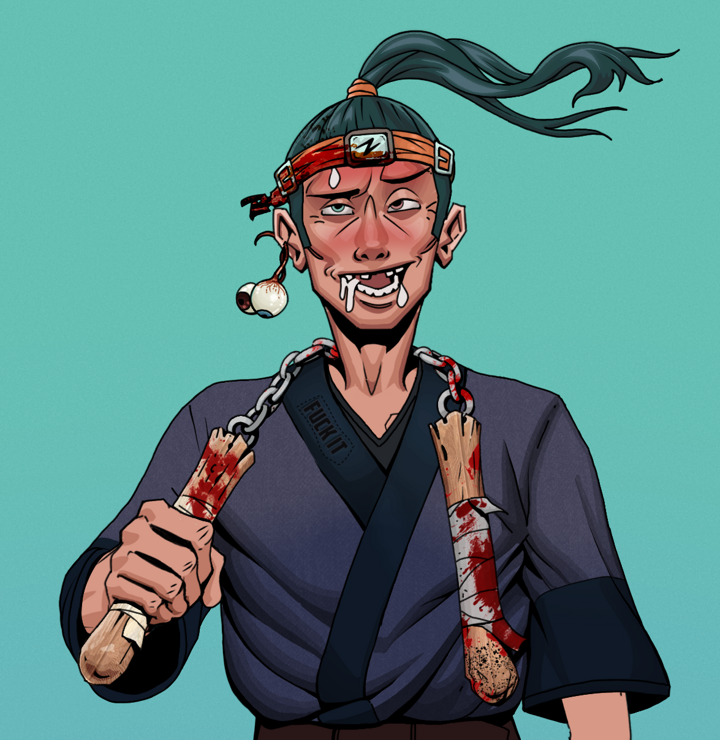 Yuuki — Degen Dojo NFT art (Shaman Eyes, Teal Daytime, Degens, Fuck You Kimono, Yuuki, Shirtless Runt, Green Bandana, Bloody Nunchucks, Mint)