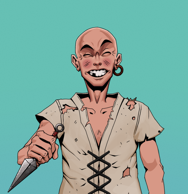 Cheery Haru — Degen Dojo NFT art (Wooden Loop, Teal Daytime, Degens, Rice Sack Rags, Cheery Haru, Shirtless Runt, Bald, Kunai, Mint)