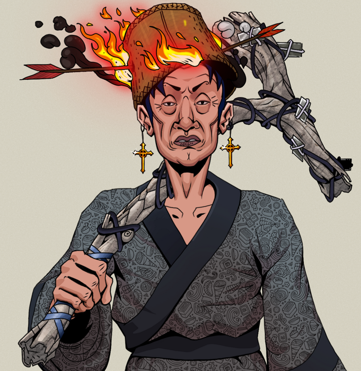 Goro — Degen Dojo NFT art (Golden Jesuit Crosses, Warm Grey, Degens, Sushi Love Loose Kimono, Goro, Shirtless Runt, Burning Basket, Large Branch, Mint)