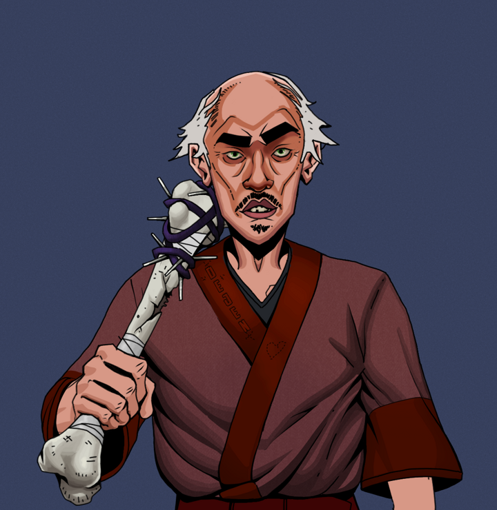 Gloomy Masumi — Degen Dojo NFT art (Shirtless Runt, Blue Evening, Degens, Proud Dejen Kimono, Gloomy Masumi, Kung Fu Master, Spiky Femur, Mint)