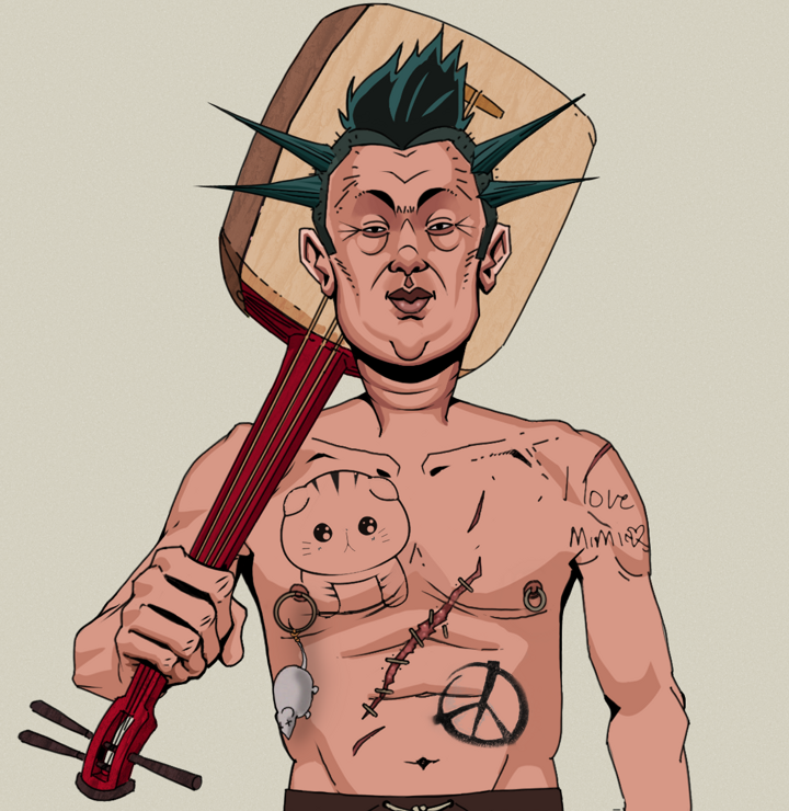 Fat Bob — Degen Dojo NFT art (Shirtless Runt, Warm Grey, Degens, Recovering Alcoholic, Fat Bob, Yakuza Ruffian, Shamisen, Mint)