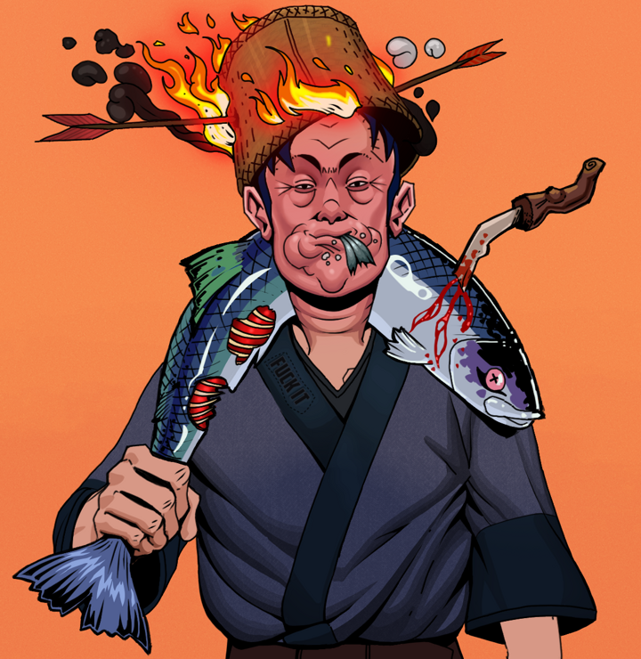 Fatty Bobsticks — Degen Dojo NFT art (Shirtless Runt, Orange Afternoon, Degens, Fuck You Kimono, Fatty Bobsticks, Burning Basket, Dead Fish, Mint)