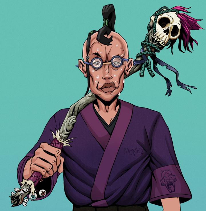 Stresshead Rin — Degen Dojo NFT art (Shirtless Runt, Teal Daytime, Degens, Money Kimono, Stresshead Rin, Spectacles, Dejen Samurai, Shaman Skull Staff, Mint)