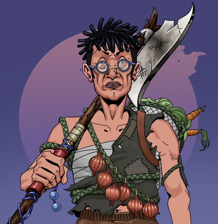 Goro — Degen Dojo NFT art (Shirtless Runt, Purple Night, Degens, Farmer, Goro, Spectacles, Black Bantu Knots, Broken Nagatina, Mint)