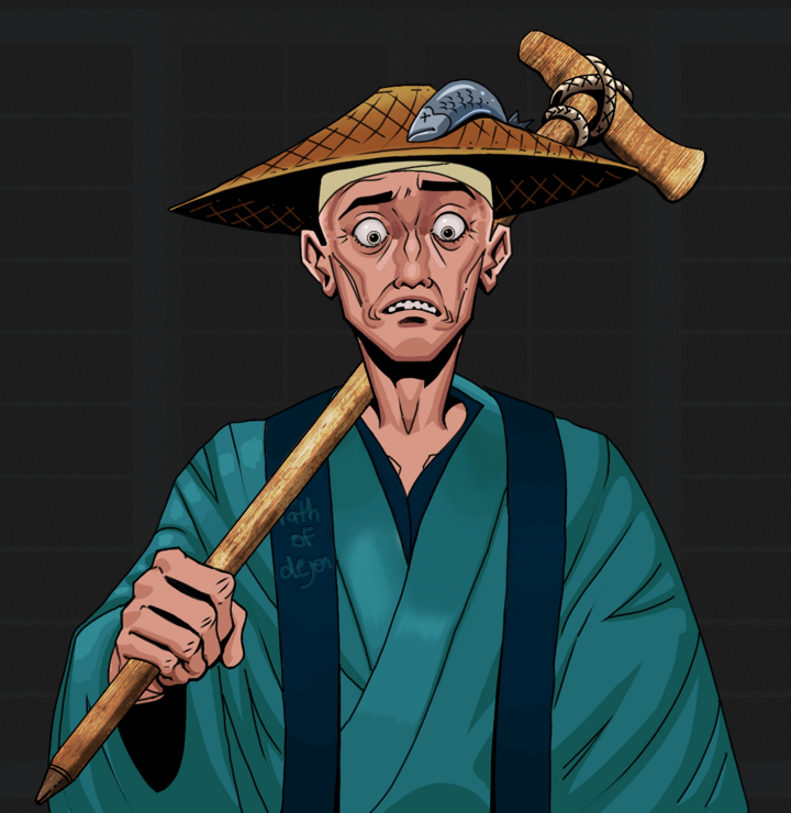 Shitless Botan — Degen Dojo NFT art (Shirtless Runt, Shoji Night, Degens, Dejen Apostate, Shitless Botan, Wide Kasa Fisherman, Wooden Walking Cane, Mint)