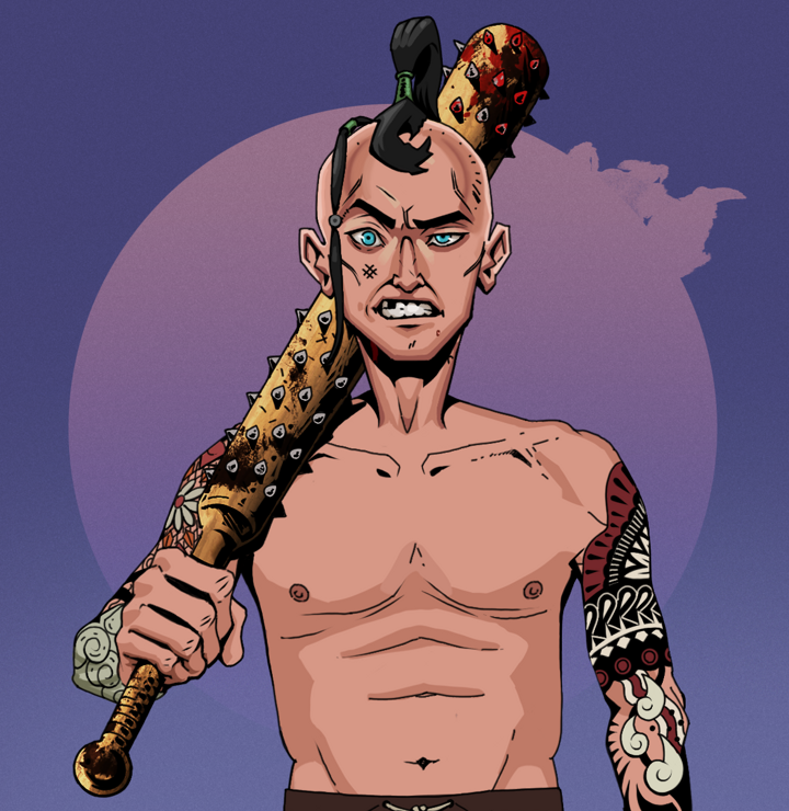 Akuma — Degen Dojo NFT art (Shirtless Runt, Purple Night, Degens, Yakuza Tattoo Sleeves, Akuma, Dejen Samurai, Yakuza Club, Mint)