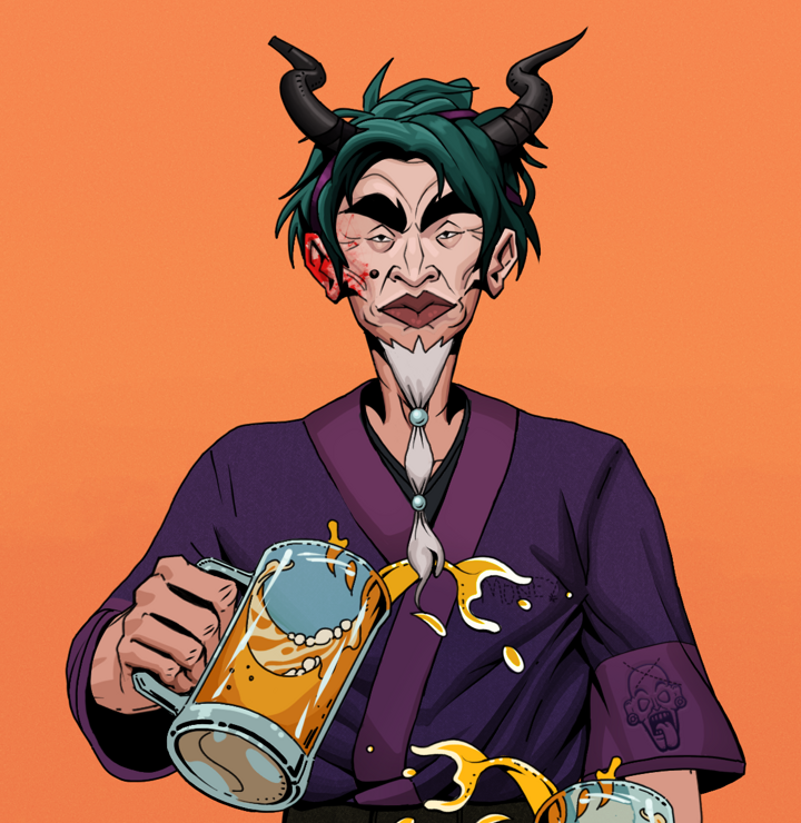 Yuji The Wise — Degen Dojo NFT art (Shirtless Runt, Orange Afternoon, Degens, Money Kimono, Yuji The Wise, Black Oni Horns, Beer Splash, Mint)