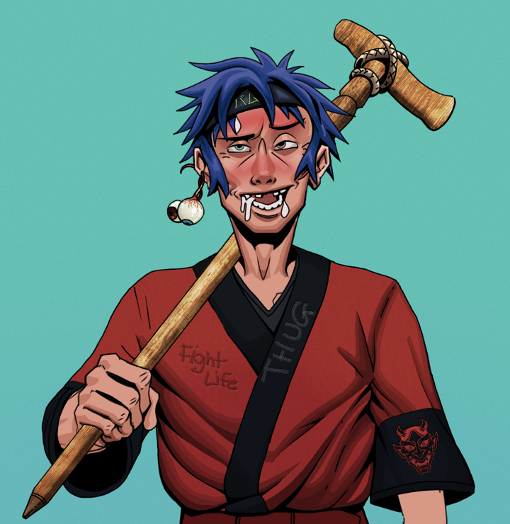 Yuuki — Degen Dojo NFT art (Shaman Eyes, Teal Daytime, Degens, Red Oni Kimono, Yuuki, Shirtless Runt, Bum Headband Ruffian, Wooden Walking Cane, Mint)