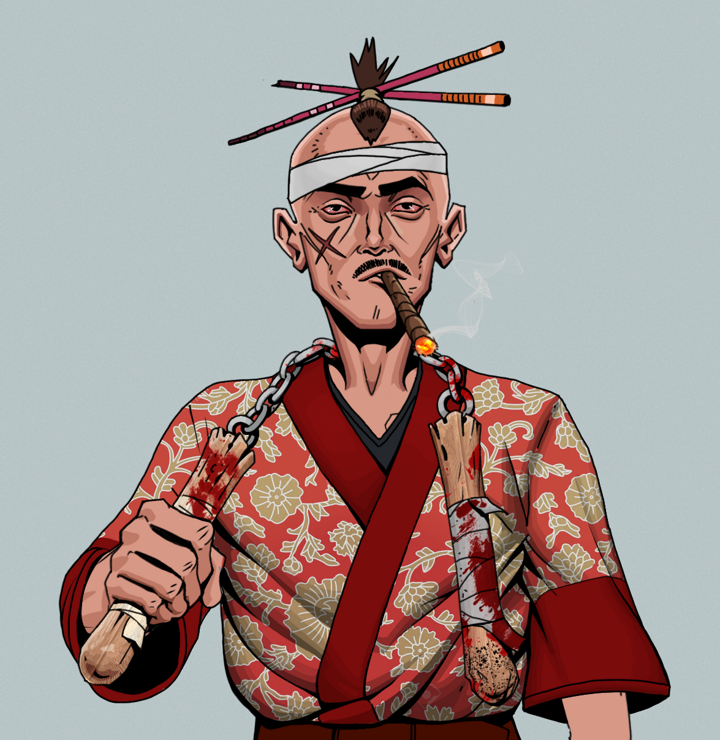 Raikou The Stoner — Degen Dojo NFT art (Shirtless Runt, Light Grey, Degens, Silken Sunflower Kimono, Raikou The Stoner, Hair Bun With Chopsticks, Bloody Nunchucks, Mint)