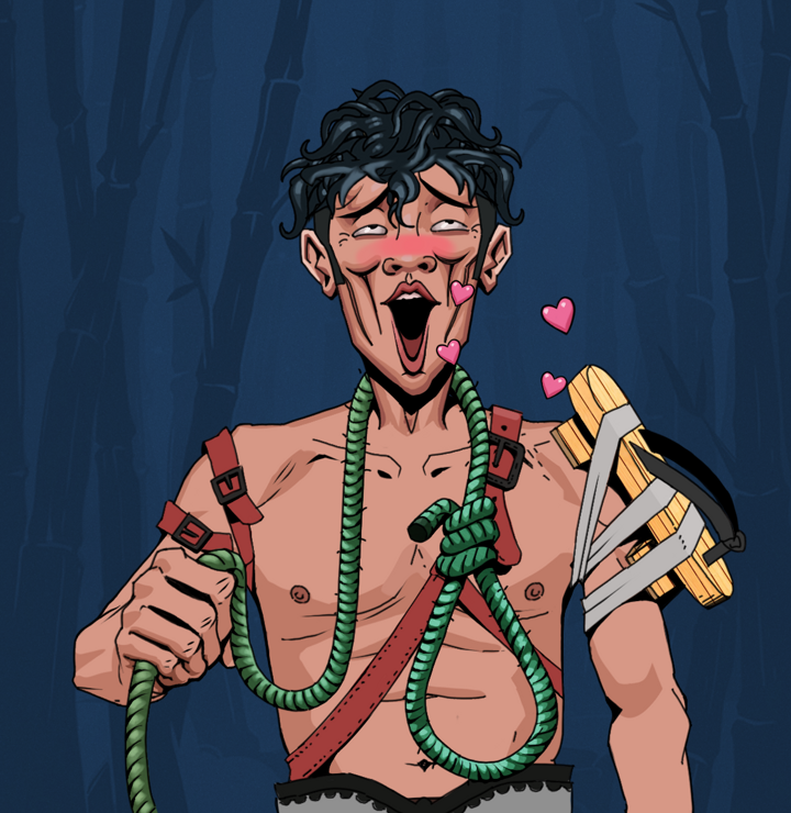 Lovey Haruto — Degen Dojo NFT art (Shirtless Runt, Night Forest, Degens, Strap On Geta, Lovey Haruto, Messy, Noose, Mint)