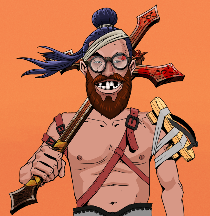 Igor The Bear — Degen Dojo NFT art (Shirtless Runt, Orange Afternoon, Degens, Strap On Geta, Igor The Bear, Bloodied Glasses, Long Flowing, Jesuit Bloody Cross, Mint)