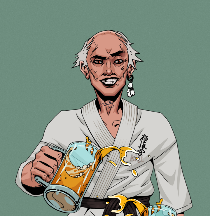 Junichiro — Degen Dojo NFT art (Foes Teeth, Olive Green, Degens, Student Gi, Junichiro, Shirtless Runt, Kung Fu Master, Beer Splash, Mint)