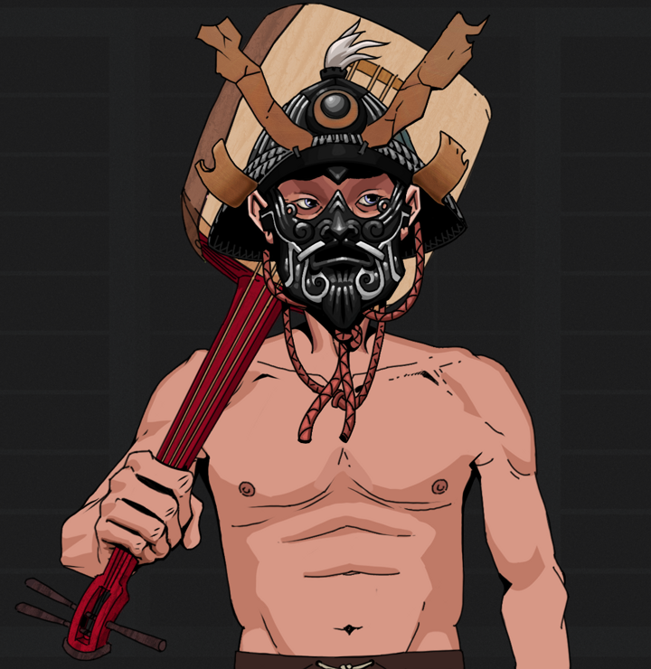 Masumi Steel — Degen Dojo NFT art (Shirtless Runt, Shoji Night, Degens, Masumi Steel, Black Iron Kabuto, Shamisen, Mint)
