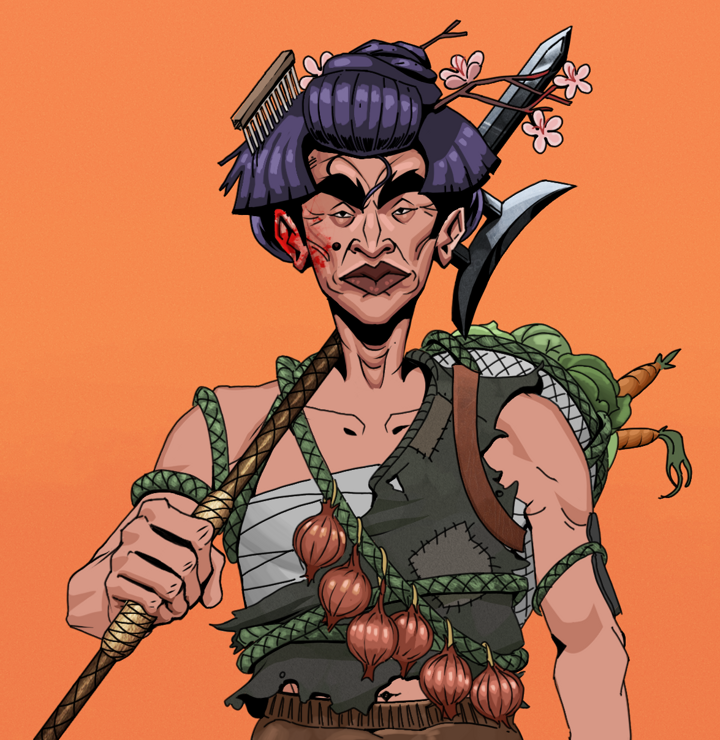 Young Yuji — Degen Dojo NFT art (Shirtless Runt, Orange Afternoon, Degens, Farmer, Young Yuji, Disheveled Geisha, Bishamon Yari, Mint)