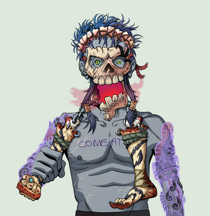 Gloomy Masumi — Degen Dojo NFT art (Shirtless Runt, Olive Green, Demons, Black Yakuza Sleeves, Gloomy Masumi, Hannya Half Mask, Bum Headband Ruffian, Bloody Nunchucks, Mint)