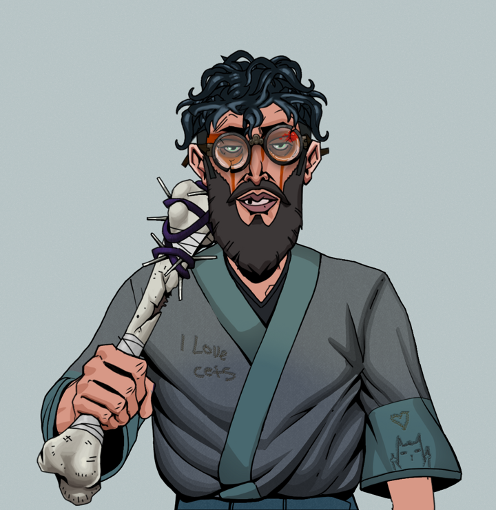 Oleg Of War — Degen Dojo NFT art (Shirtless Runt, Light Grey, Degens, Cet Kimono, Oleg Of War, Bloodied Glasses, Messy, Spiky Femur, Mint)
