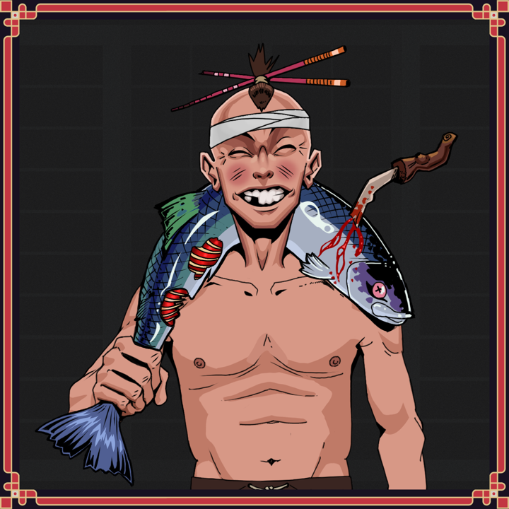 Cheery Haru — Degen Dojo NFT art (Shirtless Runt, Shoji Night, Cheery Haru, Degen, Hair Bun With Chopsticks, Corrupted Gut Poke, Dead Fish, Framed)