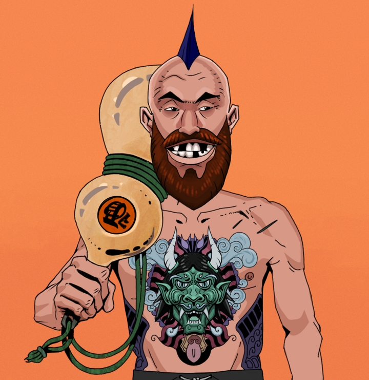 Igor The Bear — Degen Dojo NFT art (Shirtless Runt, Orange Afternoon, Degens, Blue Oni Tattoo, Igor The Bear, Mohawk Spike, Giant Sake Bottle, Mint)