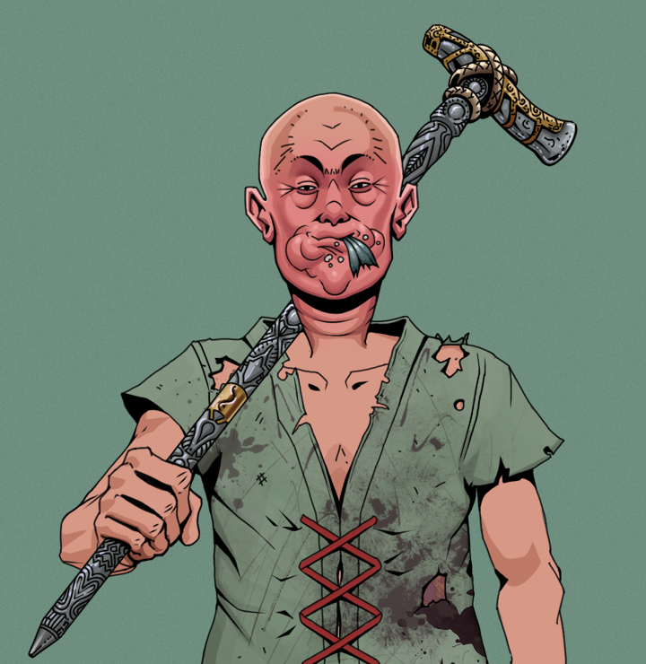 Fatty Bobsticks — Degen Dojo NFT art (Shirtless Runt, Olive Green, Degens, Dirty Peasant Rags, Fatty Bobsticks, Bald, Artisan Walking Cane, Mint)