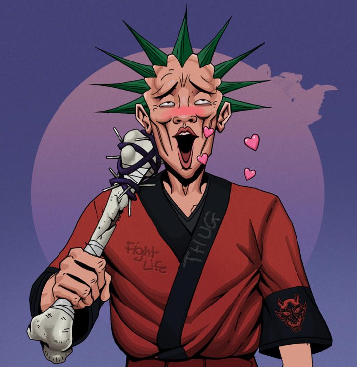 Lovey Haruto — Degen Dojo NFT art (Shirtless Runt, Purple Night, Degens, Red Oni Kimono, Lovey Haruto, Zapachi, Spiky Femur, Mint)