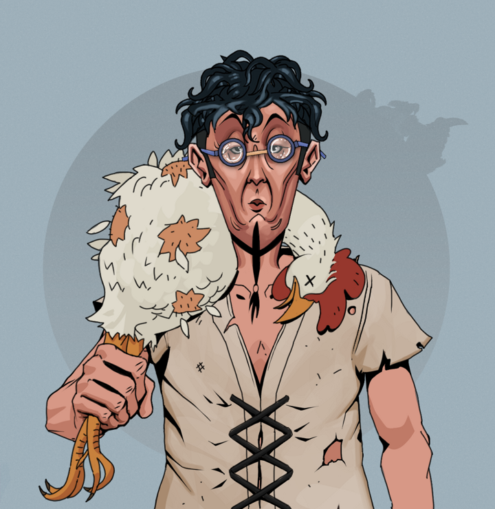 Edmundo — Degen Dojo NFT art (Shirtless Runt, Grey Mist, Degens, Rice Sack Rags, Edmundo, Spectacles, Messy, Chicken, Mint)