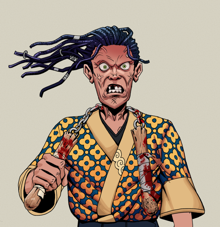 Angry Ikari — Degen Dojo NFT art (Shirtless Runt, Warm Grey, Degens, Yellow Flowers Silk Kimono, Angry Ikari, Flowing Dreads, Bloody Nunchucks, Mint)