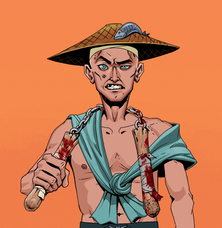 Akuma — Degen Dojo NFT art (Shirtless Runt, Orange Afternoon, Degens, Queeny Chic, Akuma, Wide Kasa Fisherman, Bloody Nunchucks, Mint)