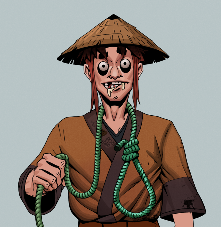 Drooling Azuma — Degen Dojo NFT art (Shirtless Runt, Light Grey, Degens, Poop Pride Kimono, Drooling Azuma, Rice Hat, Noose, Mint)