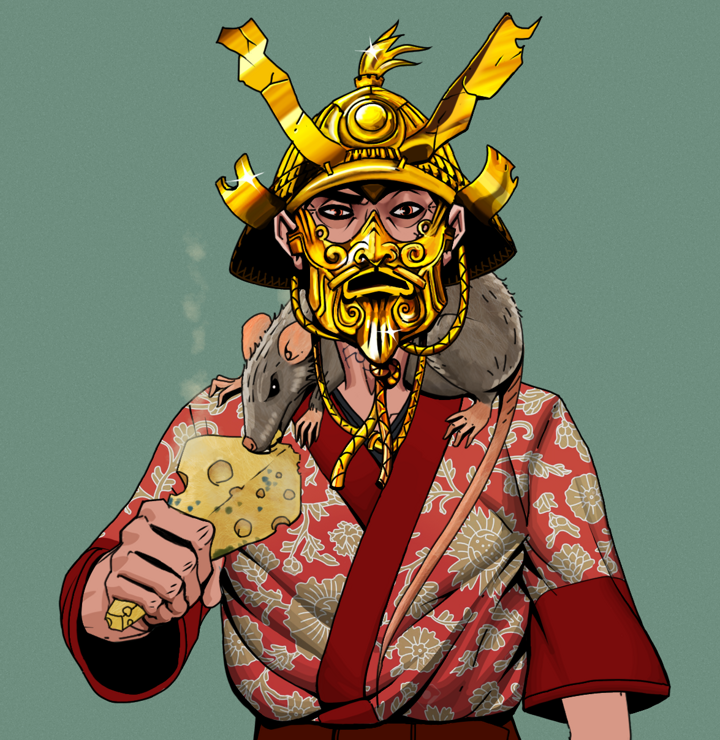 Junichiro — Degen Dojo NFT art (Shirtless Runt, Olive Green, Degens, Silken Sunflower Kimono, Junichiro, Golden Kabuto, Mr. Rumi The Rat, Mint)