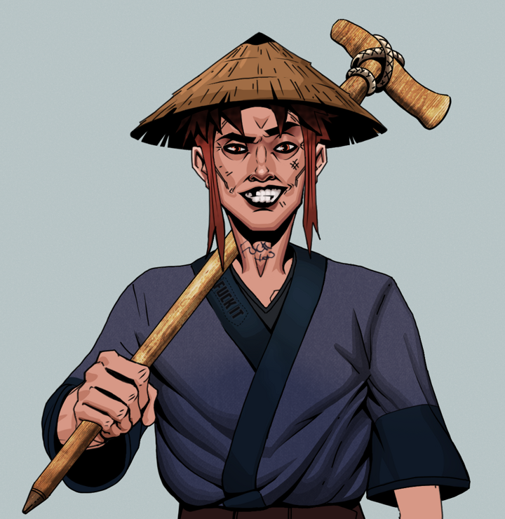 Junichiro — Degen Dojo NFT art (Shirtless Runt, Light Grey, Degens, Fuck You Kimono, Junichiro, Rice Hat, Wooden Walking Cane, Mint)