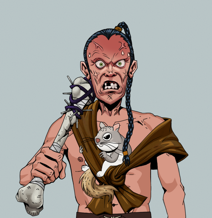 Angry Ikari — Degen Dojo NFT art (Shirtless Runt, Light Grey, Degens, Little Momonga Friend, Angry Ikari, Braided Samurai Ponytail, Spiky Femur, Mint)
