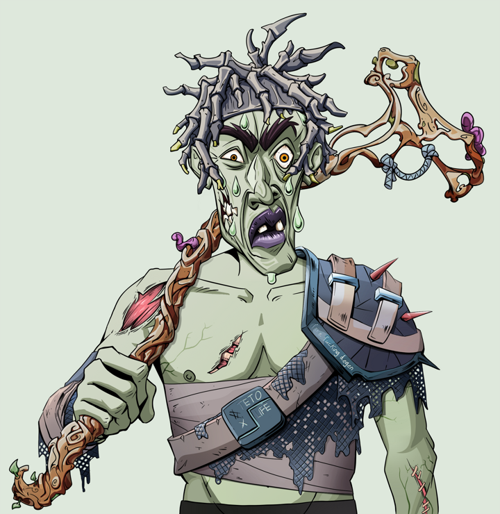 Stresshead Rin — Degen Dojo NFT art (Shirtless Runt, Olive Green, Demons, Dried Straw, Stresshead Rin, White Ruffian, Wooden Walking Cane, Mint)