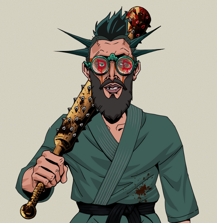 Oleg Of War — Degen Dojo NFT art (Shirtless Runt, Warm Grey, Degens, Fight Gi, Oleg Of War, Dojo Graffiti, Yakuza Ruffian, Yakuza Club, Mint)