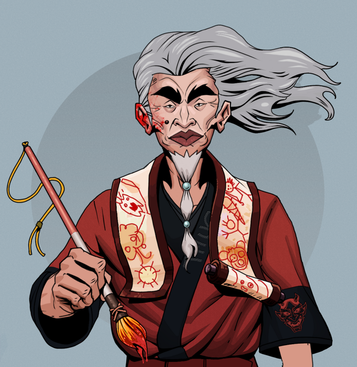 Yuji The Wise — Degen Dojo NFT art (Shirtless Runt, Grey Mist, Degens, Red Oni Kimono, Yuji The Wise, Wise Greatness, Paintbrush, Mint)