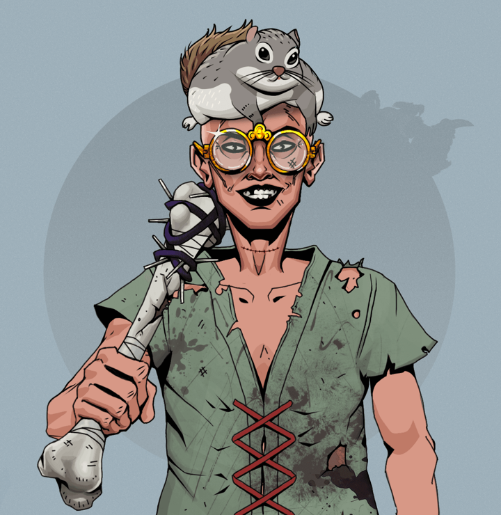 Junichiro Reborn — Degen Dojo NFT art (Shirtless Runt, Grey Mist, Degens, Dirty Peasant Rags, Junichiro Reborn, Golden Glasses, Mr. Momonga Hat, Spiky Femur, Mint)