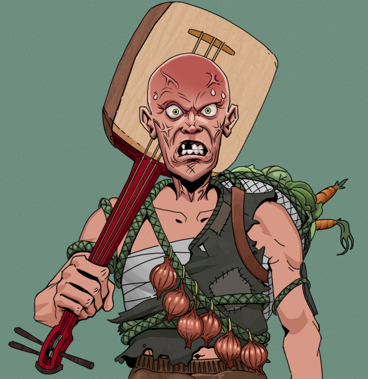 Angry Ikari — Degen Dojo NFT art (Shirtless Runt, Olive Green, Degens, Farmer, Angry Ikari, Bald, Shamisen, Mint)