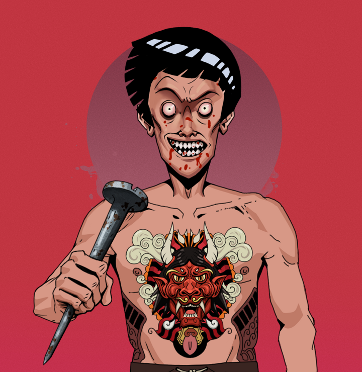 Assassin Fuzen — Degen Dojo NFT art (Shirtless Runt, Red High Moon, Degens, Red Oni Tattoo, Assassin Fuzen, Rock Lee, Rusty Nail, Mint)